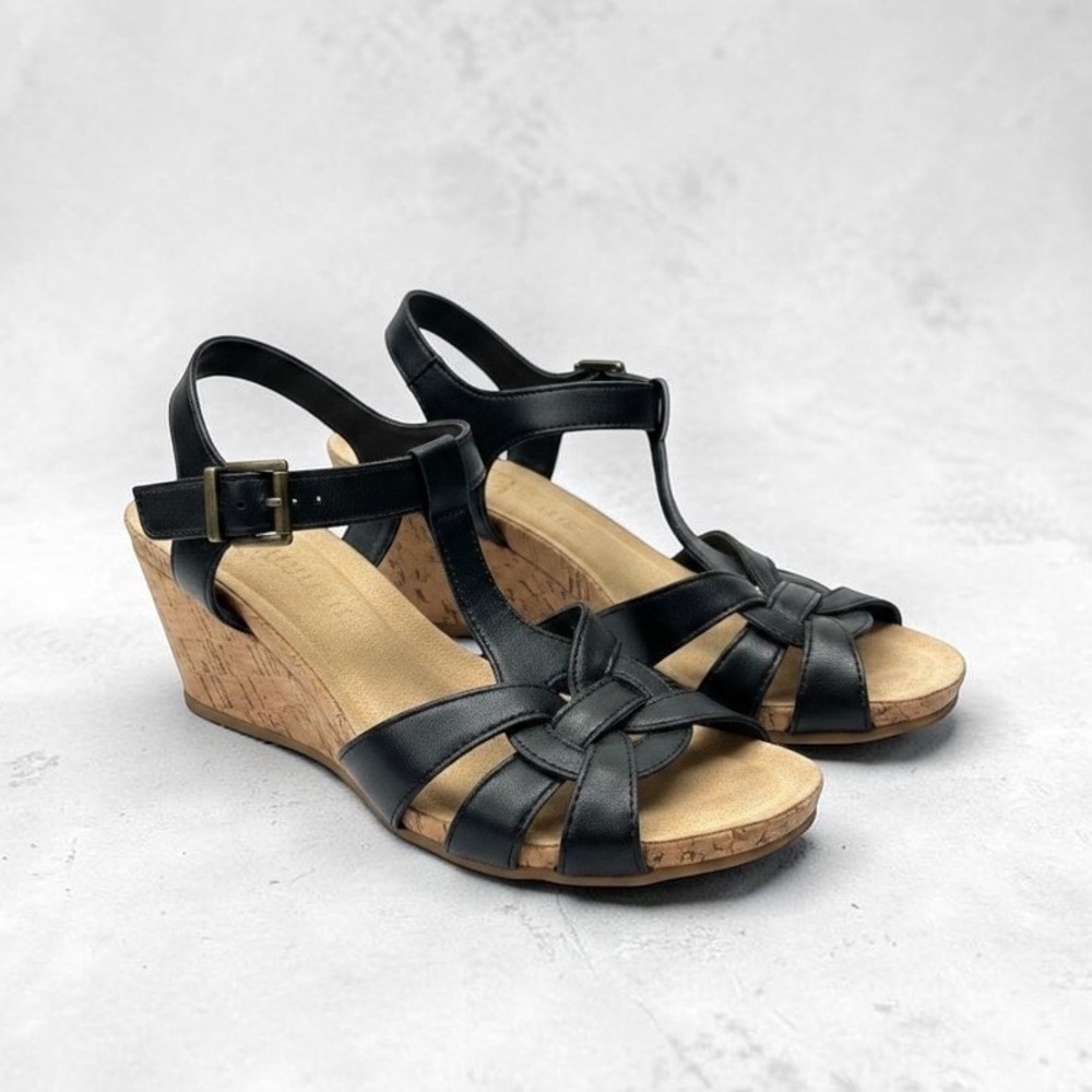 b.o.c. Comfort Black Strappy Cork Wedge Sandals Womens Size 6W Z52809 CBWKT19